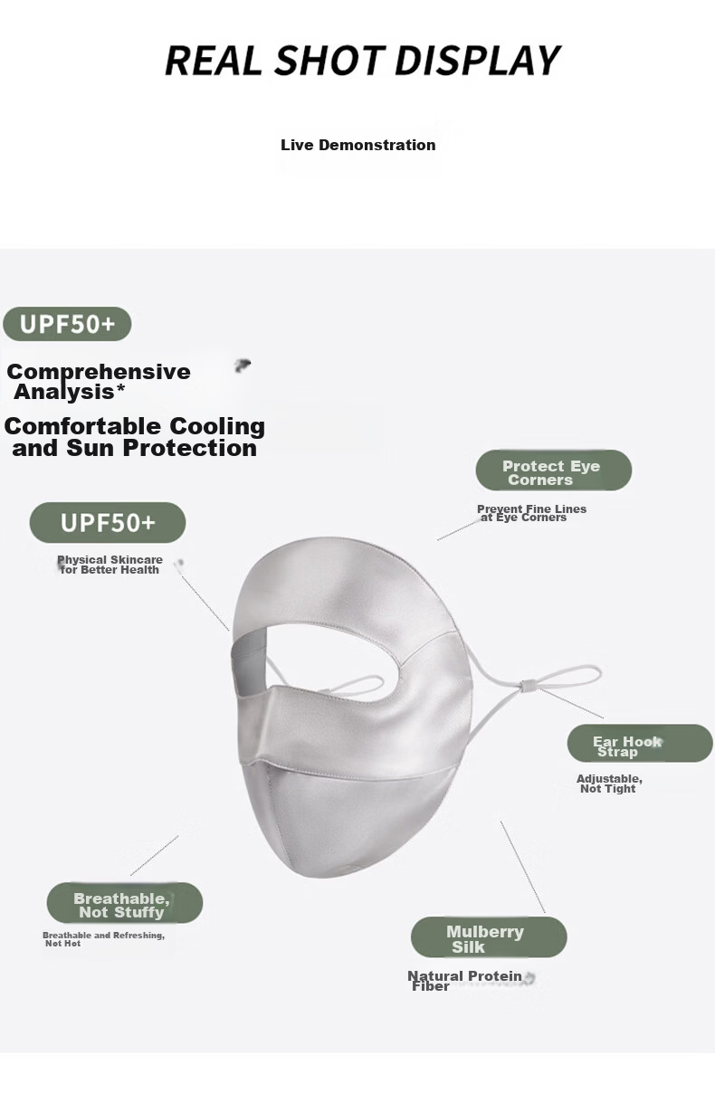HAOGUAN 2026 New Silk Sun Protection Mask Soft Mulberry Silk Eye Protection Cooling Breathable Sunshade Medical Sensitive Skin Face Mask 8