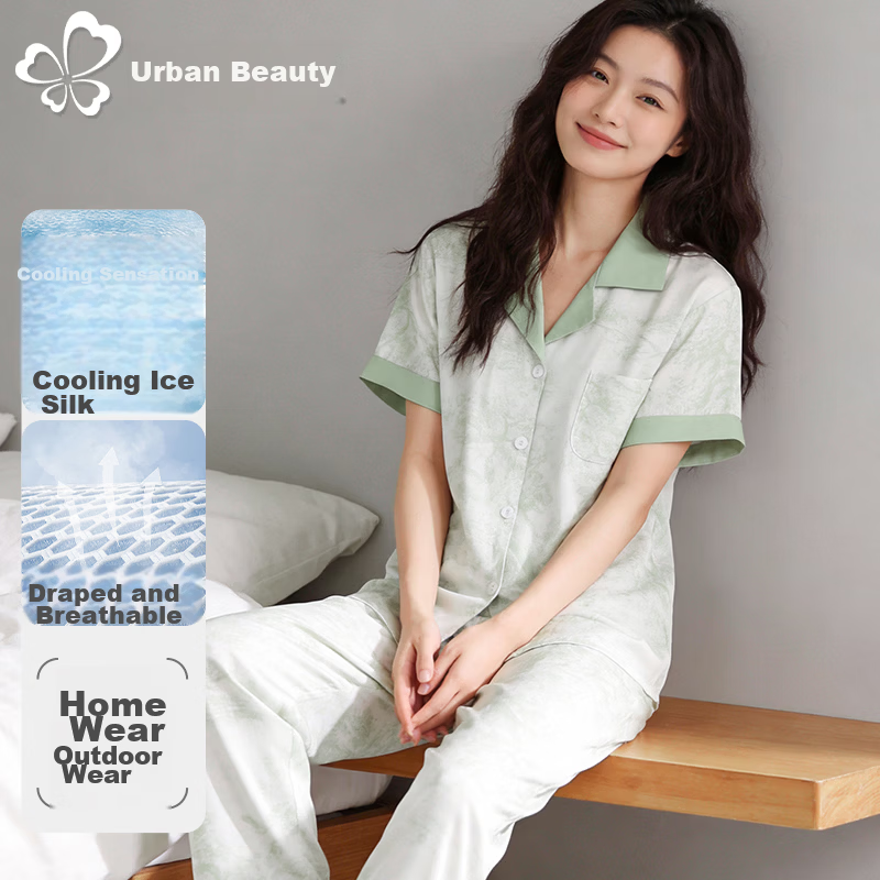Urban Beauty Women's Pajamas New Short Sleeve Long Pants Cool Ice Silk Satin Printed Homewear Set Spring Summer 2026 New Arrival