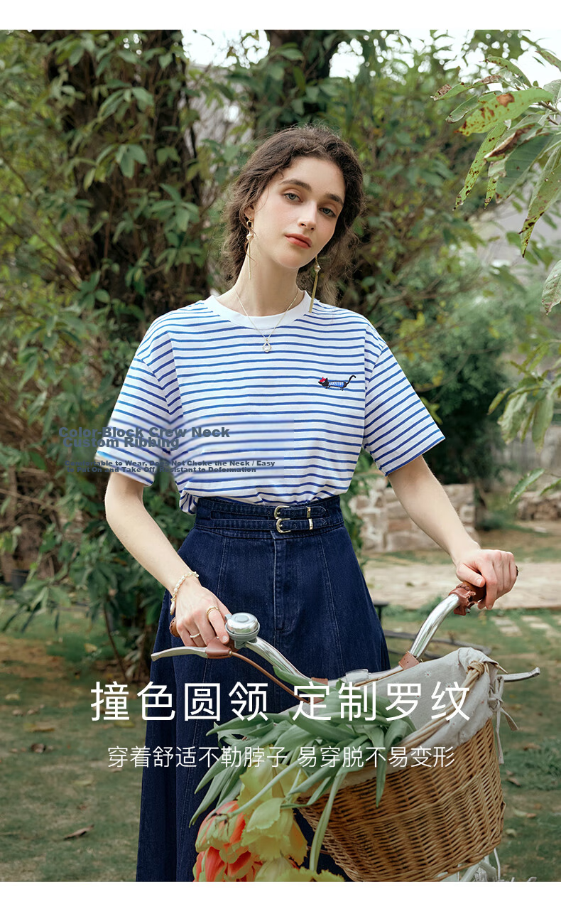 Olrain Blue and White Striped Short Sleeve T-Shirt Summer New Fashion Youthful Top Blue and White Stripes XL 13