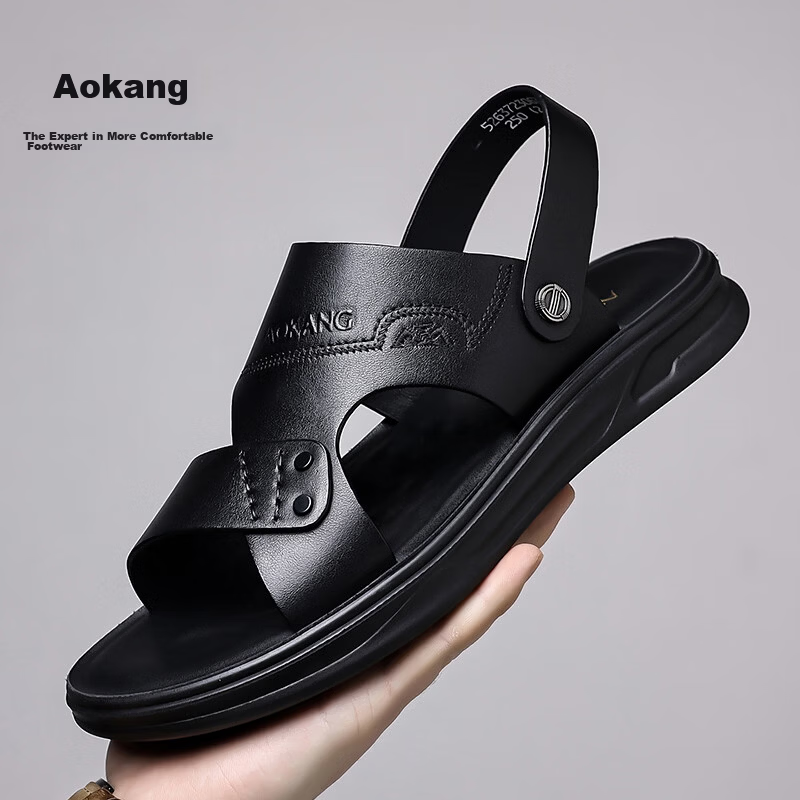Aokang Men's Summer Casual Beach Leather Sandals Black Size 38