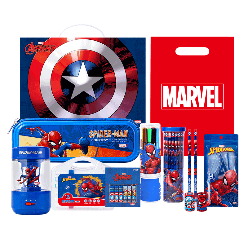 Disney Marvel Stationery Set Pencil Case Sharpener Drawing Supplies Gift Box for Boys Kids Birthday First Grade School Season Kindergarten Learning Supplies