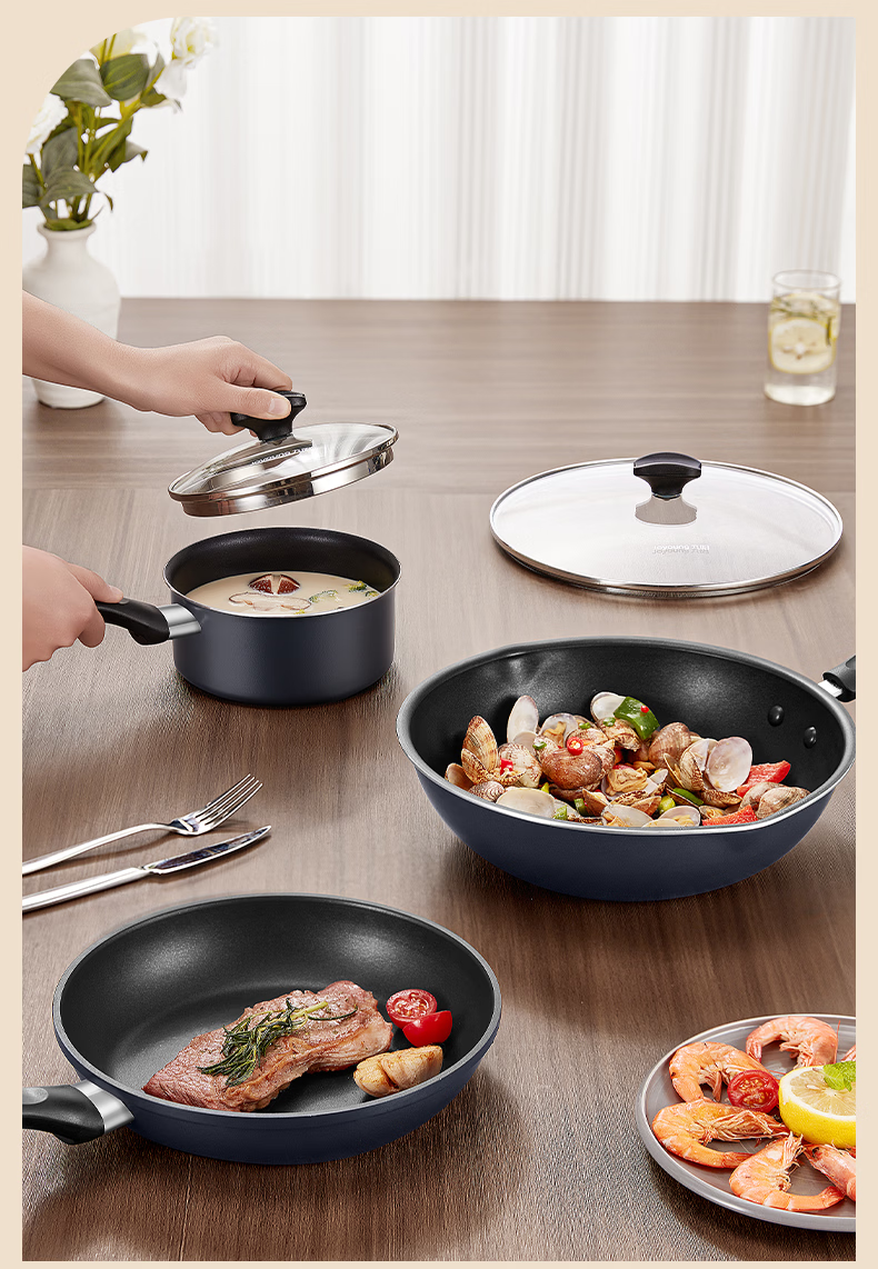 Joyoung Cookware Set 3-Piece Non-Stick Frying Pan Wok Soup Pot Milk Pot Compatible with Induction and Gas Stoves 9