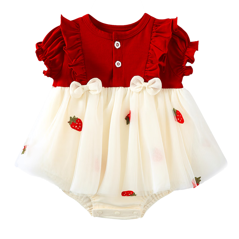 Youqi Baby Summer Thin Romper Dress for Newborn Girls Princess Dress Red Ceremony Outfit for 1-Month, 100-Day, and 1-Year Celebrations