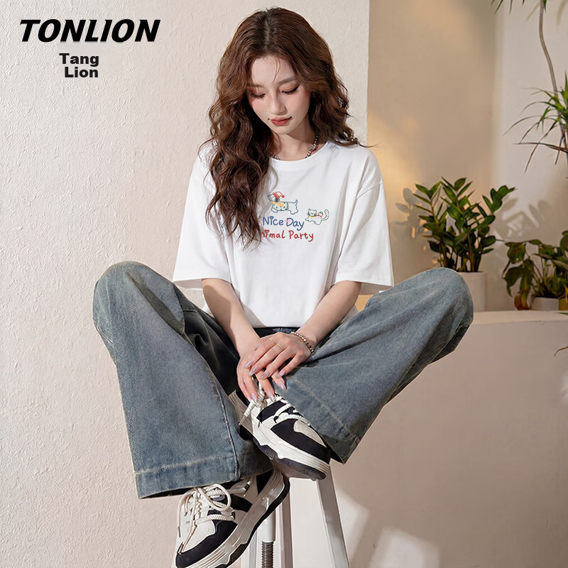 TonLion Cotton Short Sleeve T-Shirt Women Summer Trendy American Style Loose Fit Skin-Friendly Cartoon Premium Ladies Top