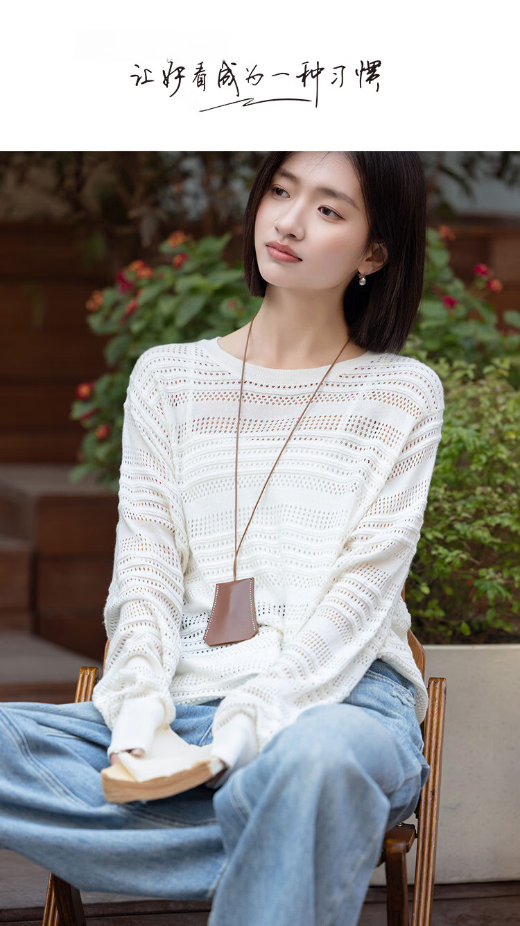 Demana [With Mulberry Silk and Wool] Spring Elegant Hollow Stripe Batwing Sleeve Elastic Slim Knit Sweater for Women Premium 1