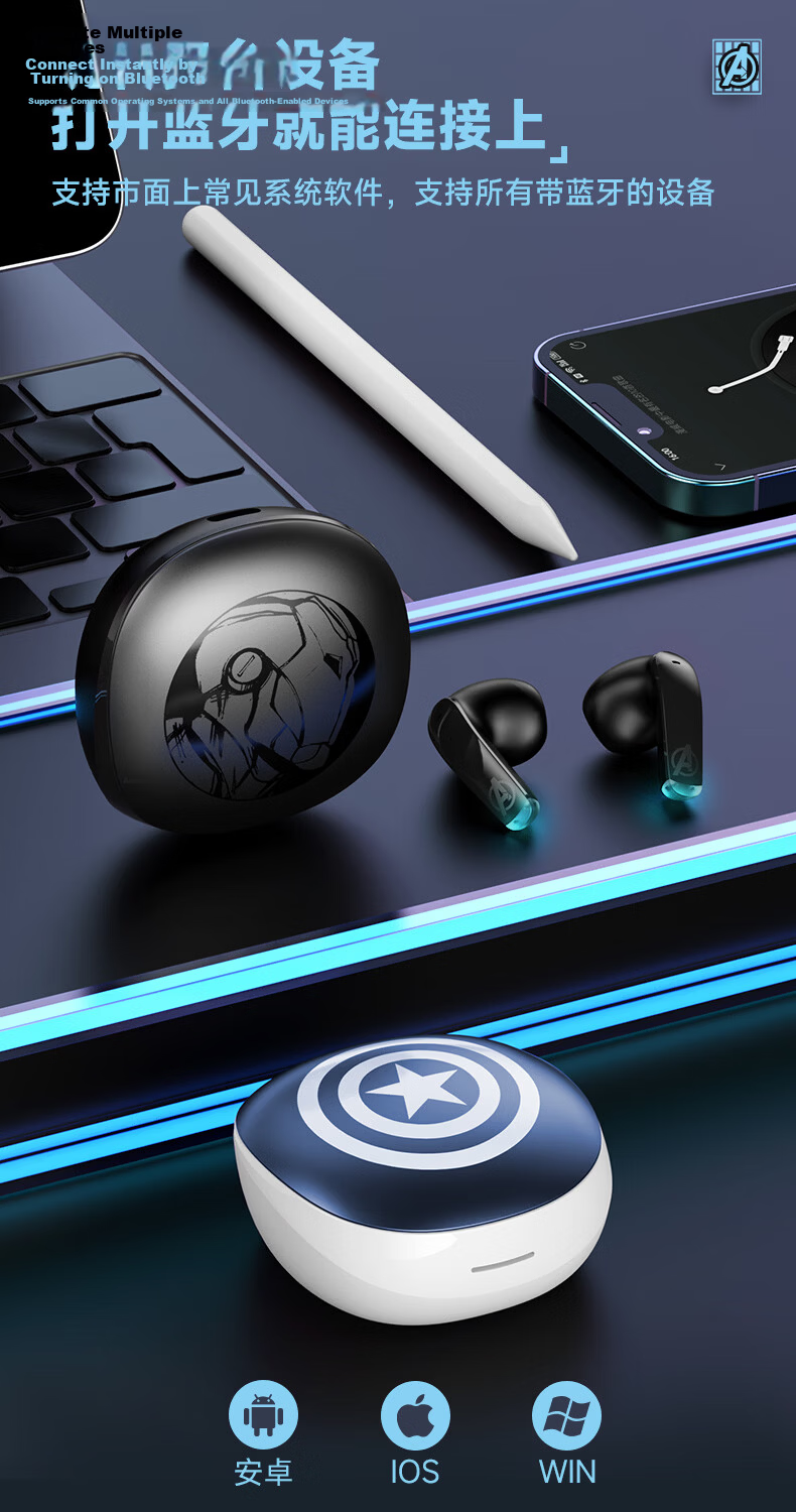Disney Bluetooth Wireless Semi-In-Ear Music Sports Gaming Earphones Long Battery Life Commuting Back-to-School Gift for Boys Compatible with Apple Huawei ZC16 Captain America 6