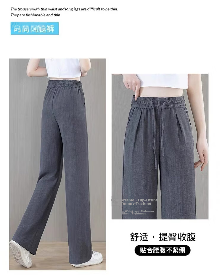 La Chapelle Women's High-Waist Straight-Leg Pants Summer Ice Silk Thin Cool Draped Slim Casual Trousers Gray L 14