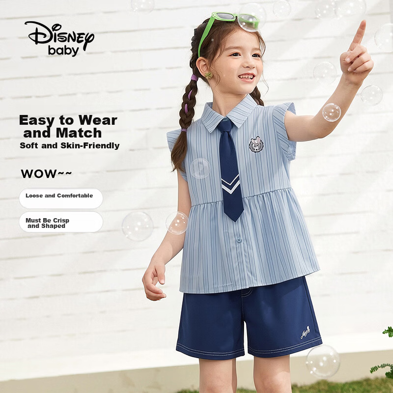 Disney Girls' Academy Style Two-Piece Set Striped Collar Shirt Summer Outfit Blue Vertical Stripes 140