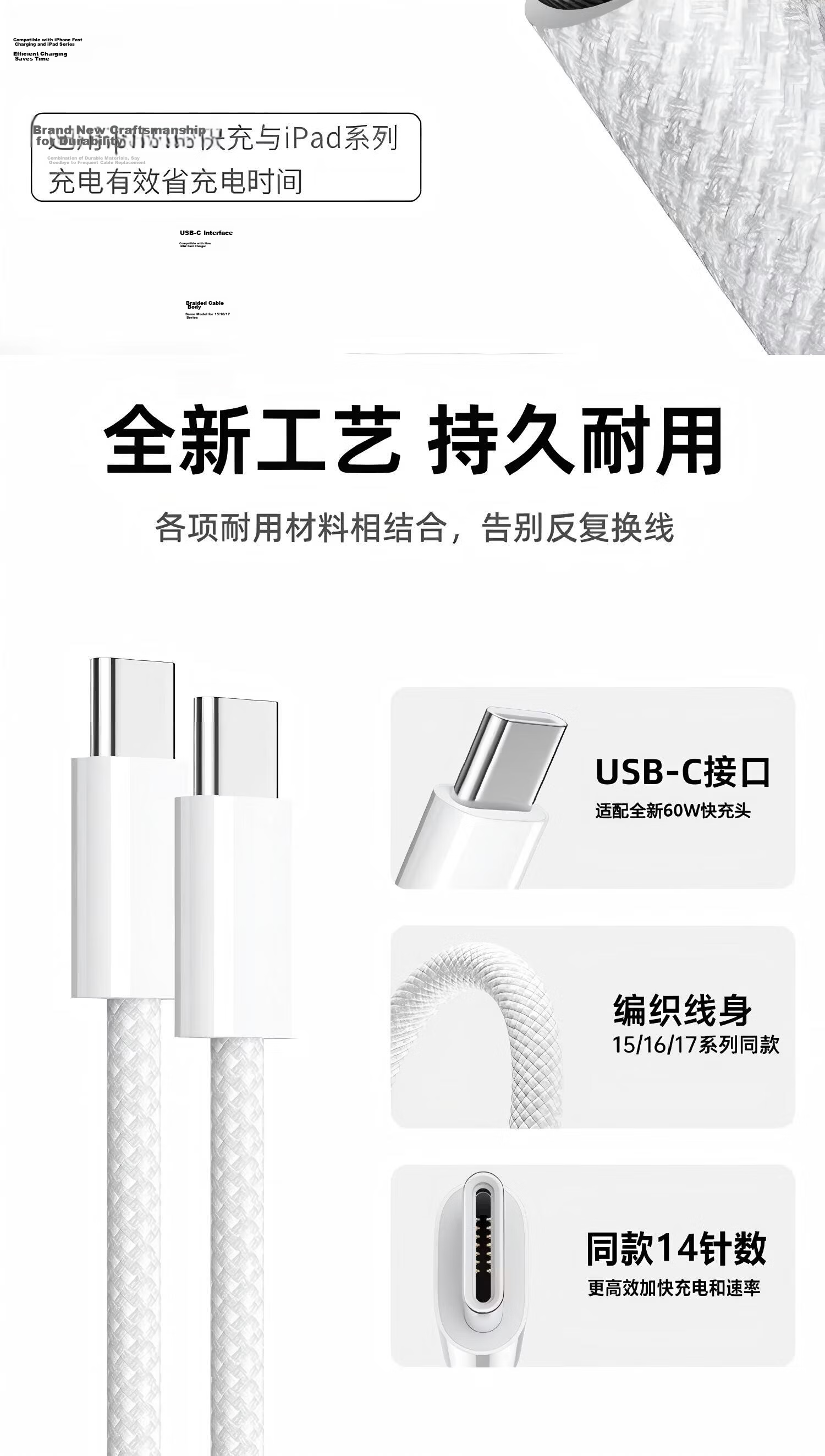 Apple iPhone 17/16/15 Dual-Head Type-C PD Fast Charging Cable C to C for iPhone 17 Pro Max/16e Tablet Car 2M White 12