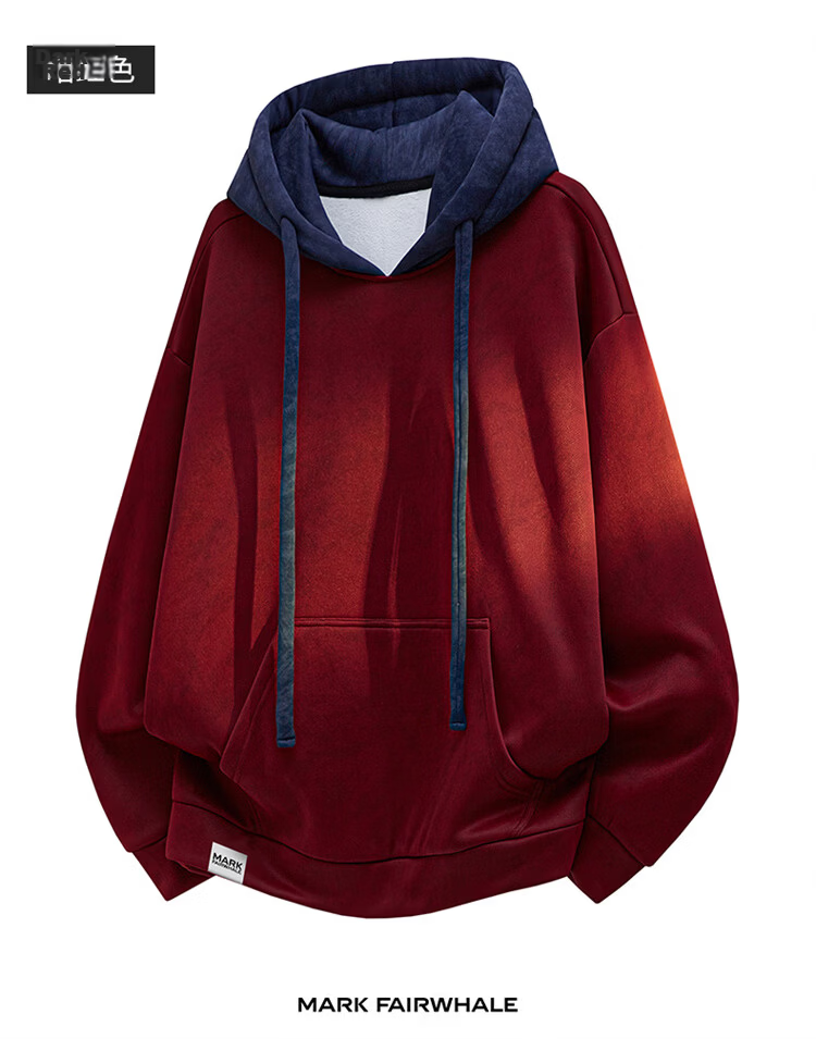 MARK FAIRWHALE Men's Hooded Sweatshirt Spring Autumn Colorblock Casual Jacket Loose Fit Dark Red 4XL 15