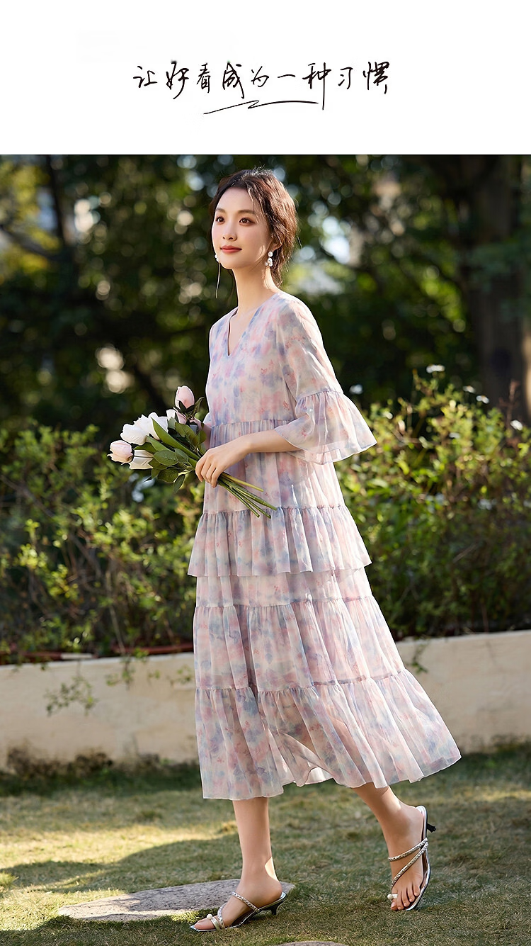 Demana Elegant Urban Summer French V-Neck Printed Flared Sleeve Patchwork Loose Slim Dress for Petite Women 1