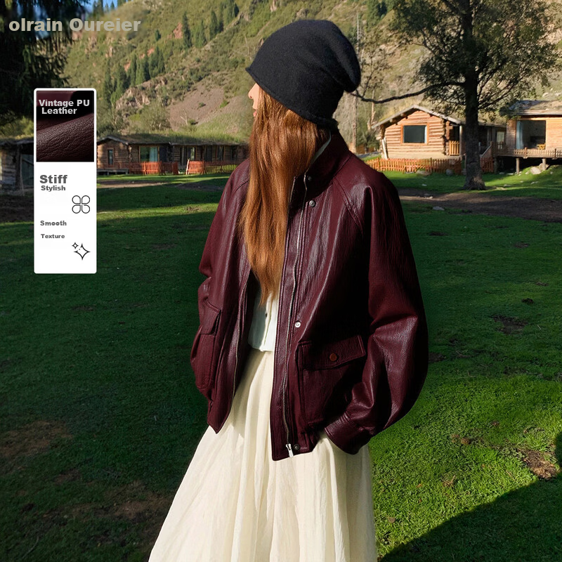 Olrain Eurier Vintage Stand Collar Leather Short Jacket Women's Spring New Loose Fit Burgundy XL