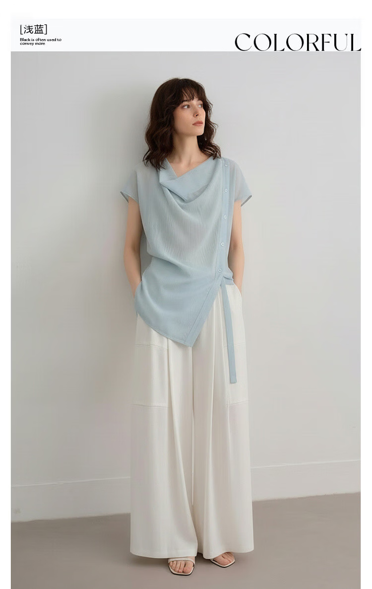 Demana [Translucent Aesthetics] Summer Draped Collar Adjustable Strap Shoulder Short Sleeve Lightweight Loose Slimming Women's Shirt 3