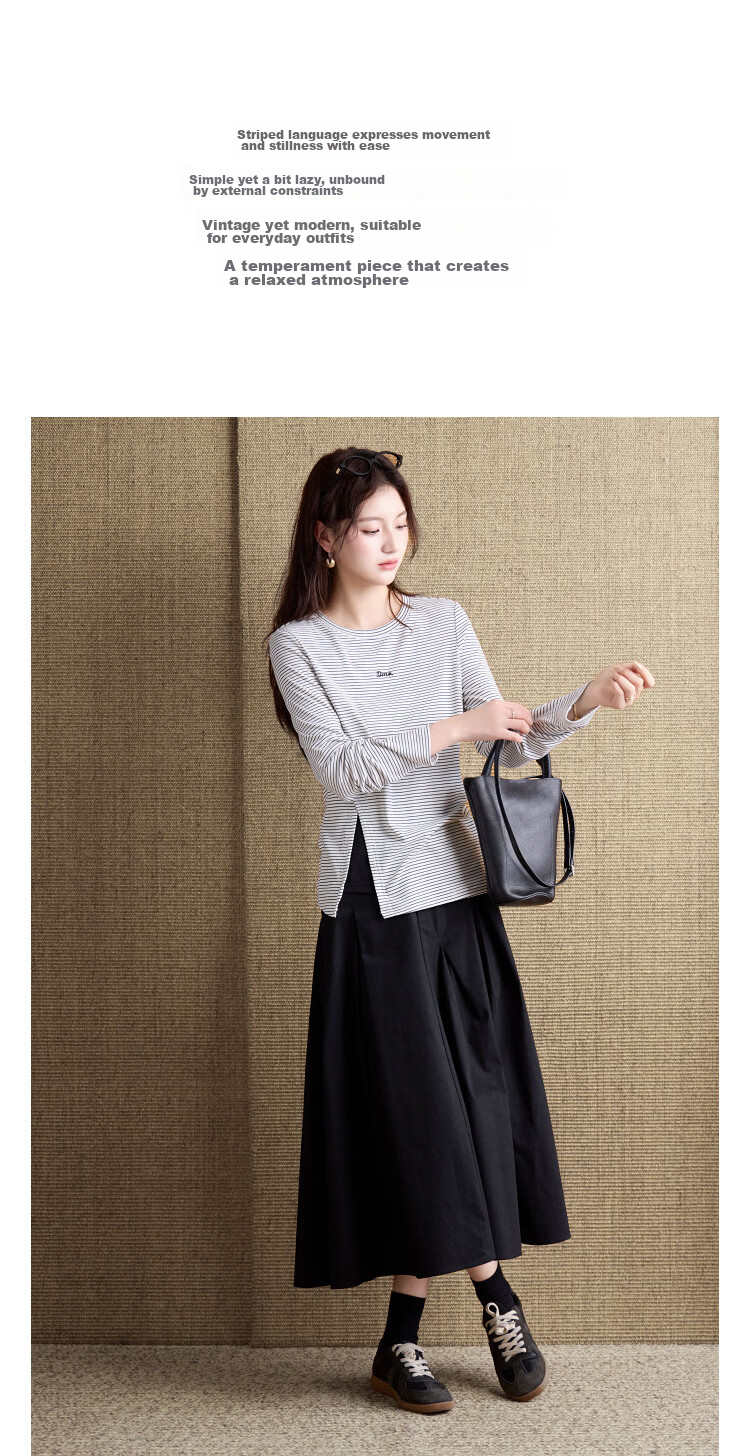 Demana [Striped Aesthetics] Spring Retro Style Double-Layer Collar Embroidered Patchwork Split Hem Petite Women's T-Shirt 6