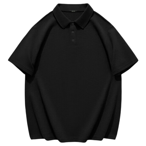 MINISO Waffle Polo Shirt for Men, Summer Textured Solid Color Casual Versatile Simple Short-Sleeve T-Shirt, Black, 2XL
