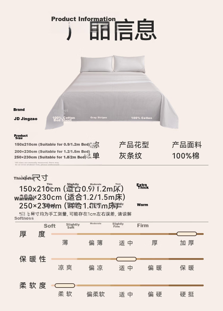 JD Jingzao 100% Cotton Bed Sheet Single Piece, Yarn-Dyed Pure Cotton, Class A Skin-Friendly Bed Cover 200x230cm Gray Stripes 13