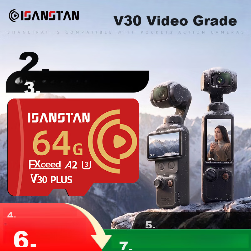 ISANSTAN 64GB Storage Card for DJI Pocket 3/4 High-Speed Memory Card for Action 6/5 Pro Sports Camera 4K Recording TF Card U3 V30 Grade