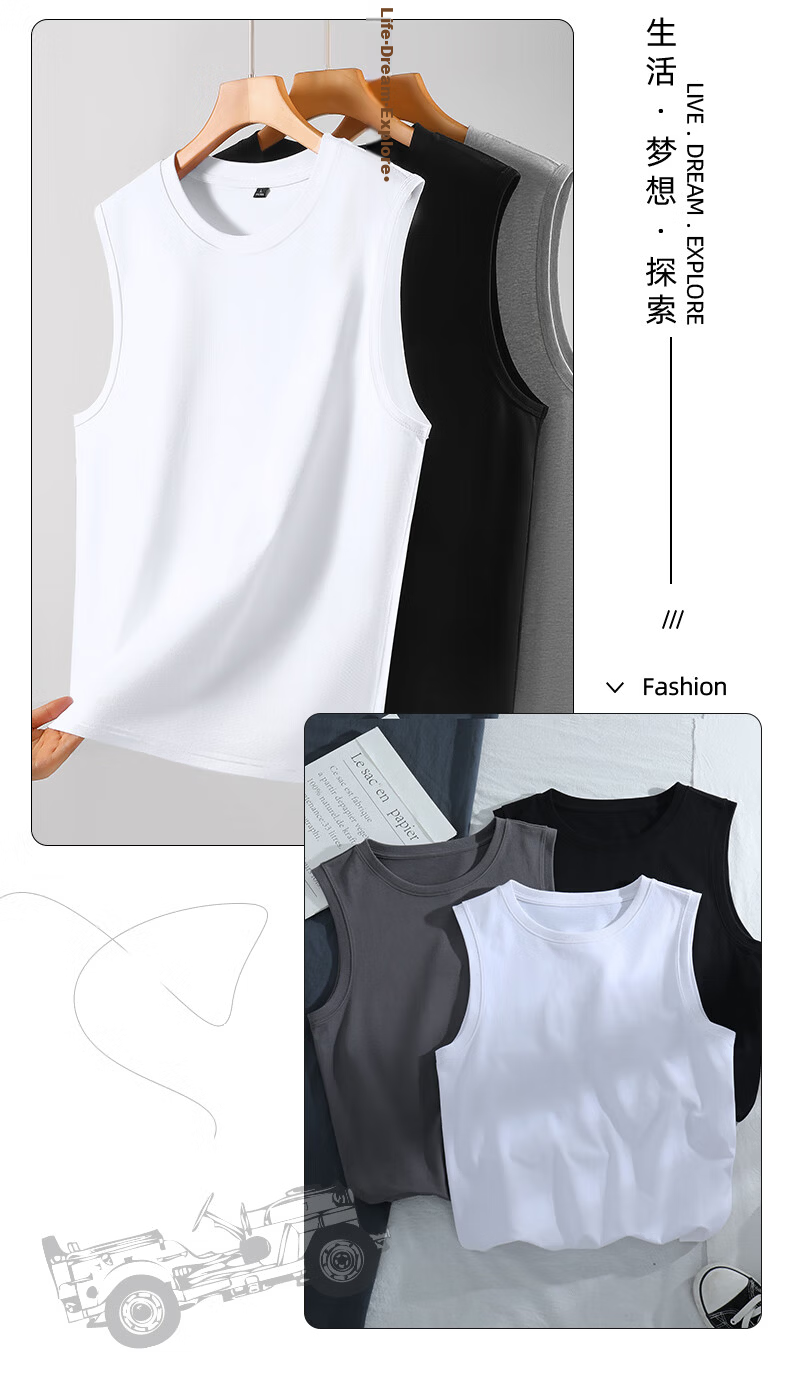 JEEP SPIRIT Men's Pure Cotton Vest Summer Lightweight Casual Versatile Outerwear Sleeveless Skin-friendly Breathable Heavyweight Crew Neck Tank Top 12