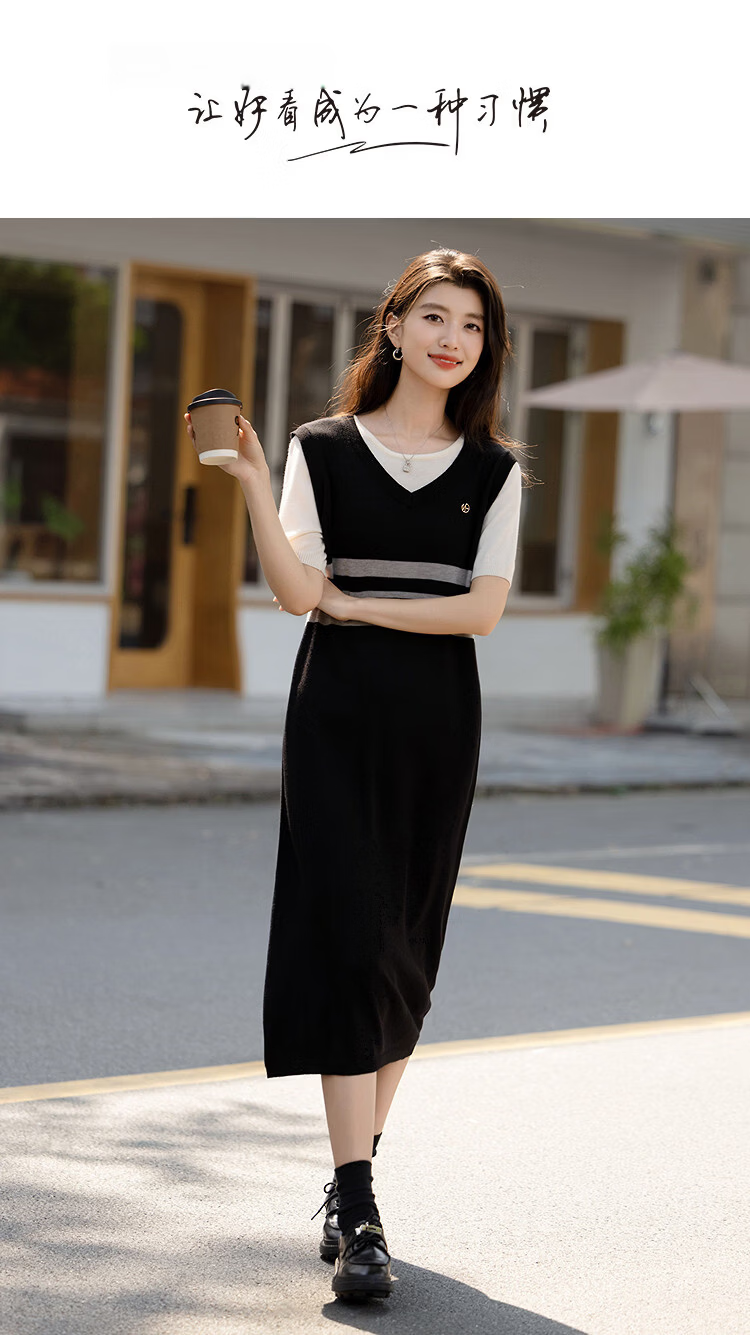 Demana [Mulberry Silk and Wool Blend] Spring Faux Two-Piece Short Sleeve T-Shirt Dress Slim Fit Women's Set 1