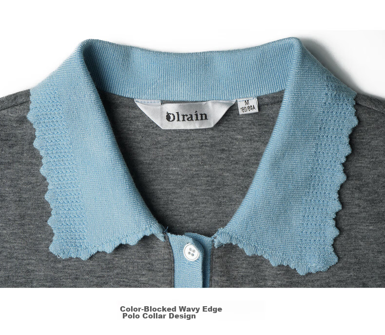 Olrain Colorblock Wave Edge Polo Collar Design T-Shirt Women Summer Short Sleeve Top Gray XL 26