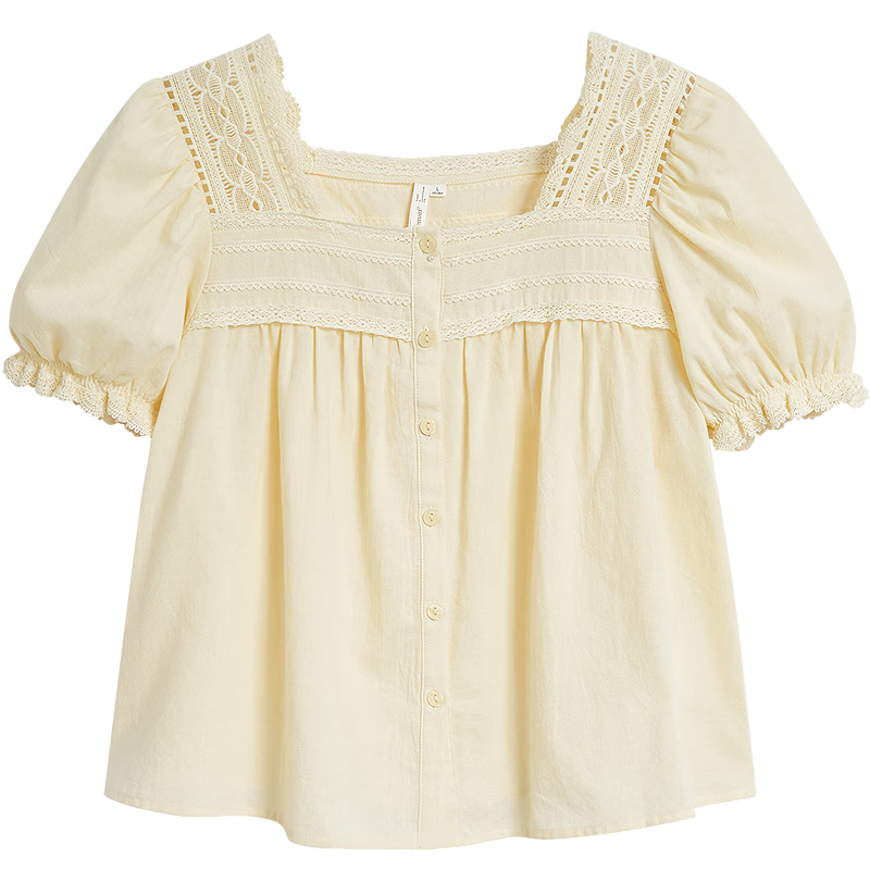 INMAN Linen Cotton French Lace Embroidered Square Neck Puff Sleeve Shirt Summer 2026 Women's New Milk Yellow XL