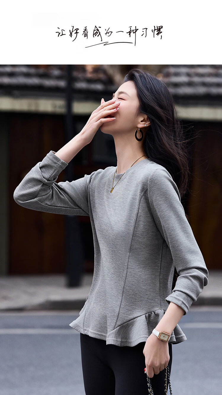 Demana Cloud Soft Spring Design Irregular Hem Round Neck Long Sleeve Slimming Conceal Body T-Shirt for Women Premium Feel 1