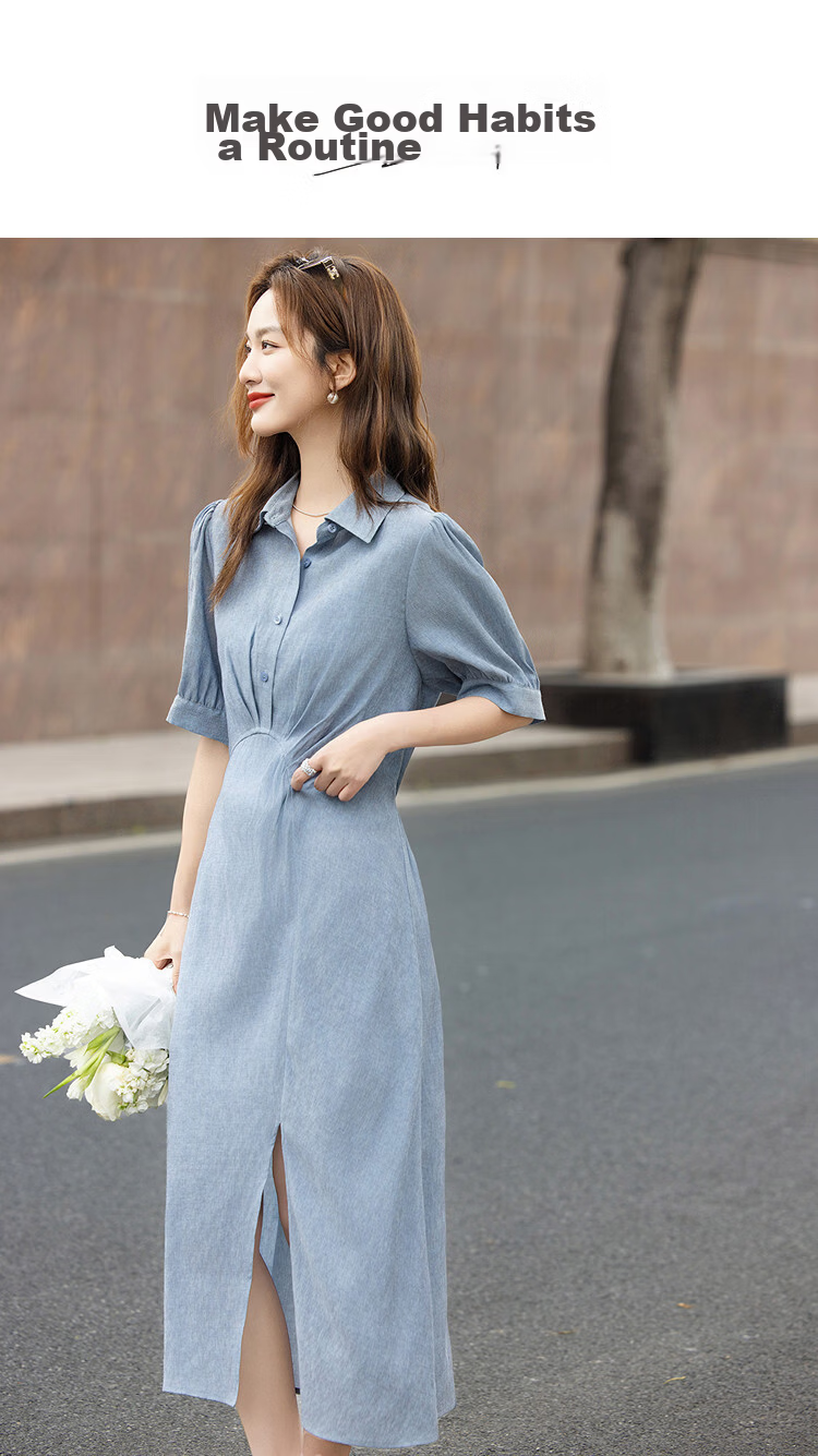 Demana [With Linen] Summer Urban Commuter Pleated Short Sleeve Turn-Down Collar Slim Straight Mid-Length Dress for Women Premium Feel 1