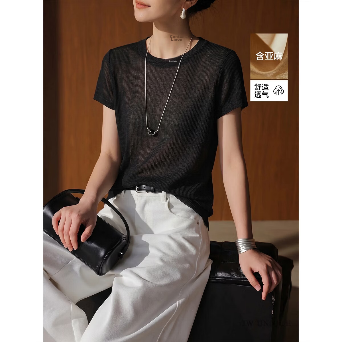 Demana Breathable Linen Summer Lightweight Mesh Round Neck Short Sleeve Slim Fit Casual Women's T-Shirt
