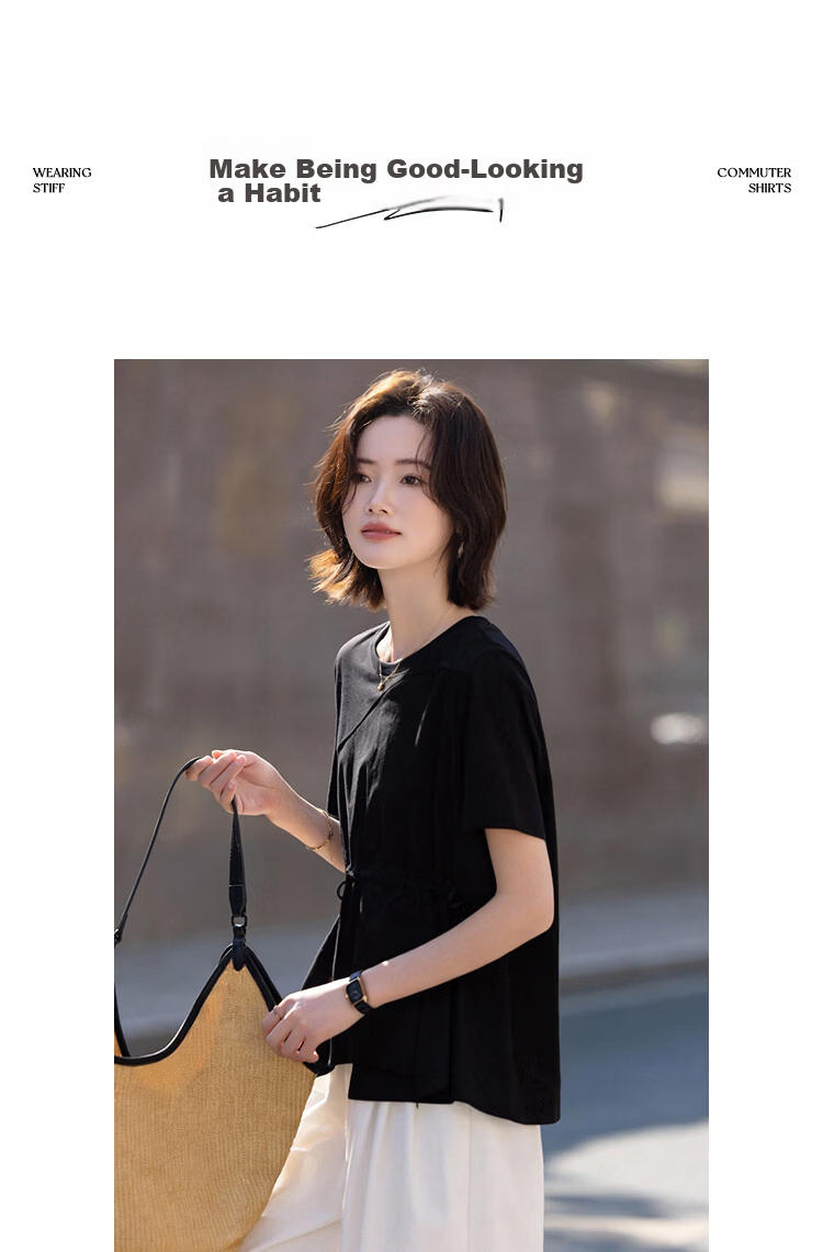 Demana [Cool Feeling Sorona] Summer Simple Round Neck Drawstring Asymmetric Hem Loose Slim T-Shirt for Women Premium Quality 11