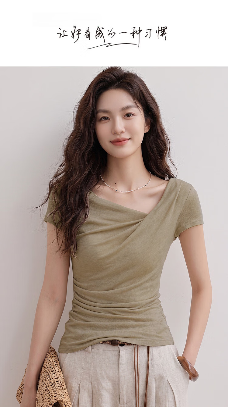 Demana [With Wool and Lyocell] Summer Fashion Urban Twist Off-Shoulder Short Sleeve Slim T-Shirt for Petite Women 1