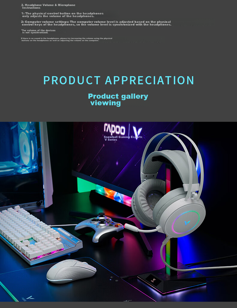 Rapoo VH160S Upgraded Wired Gaming Headset, Delta Action FPS Valorant PUBG Essential, Sound Positioning Headphones, 7.1 Channel RGB Backlit, White 10
