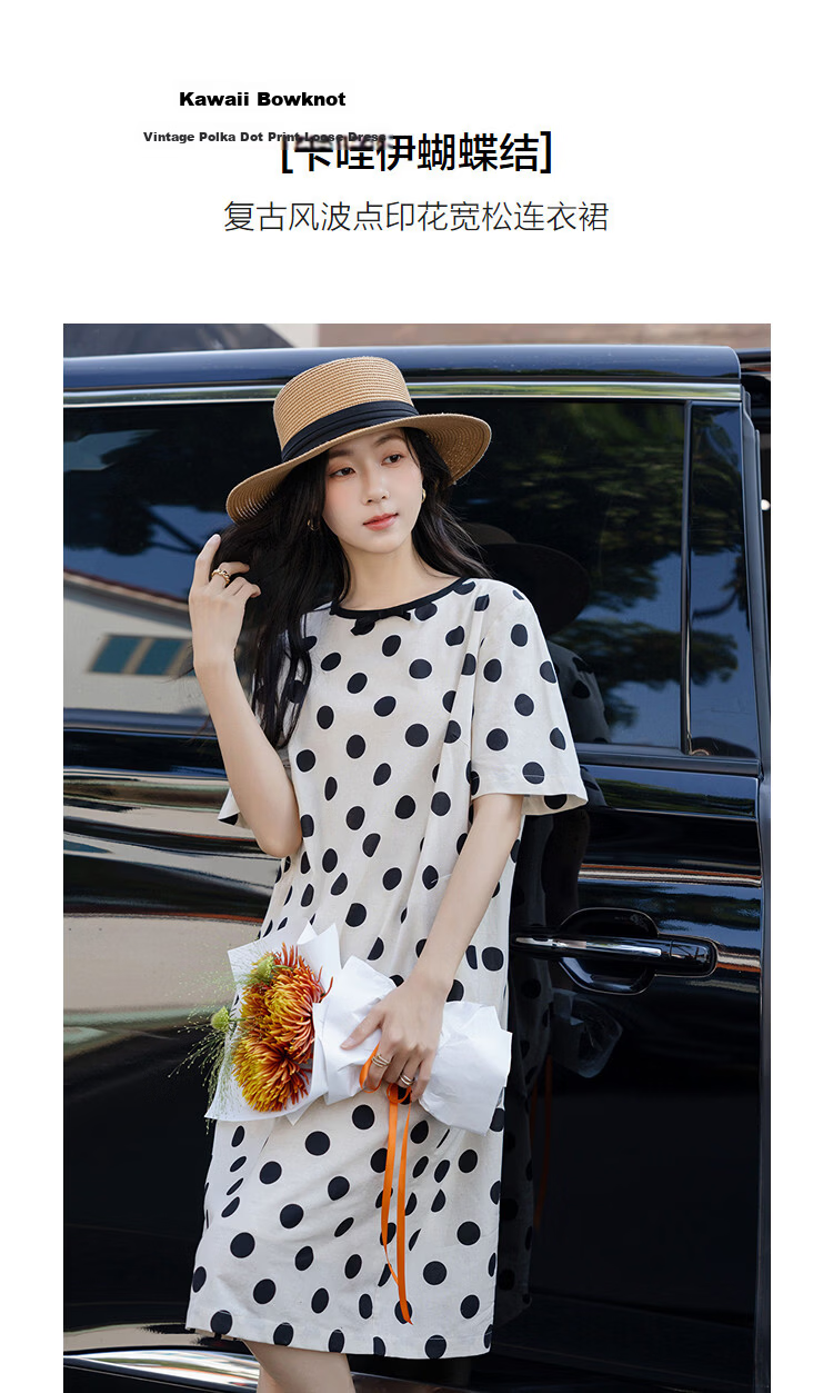 Demana [with Flax Cloud Oxygen Cotton] Summer Bowknot Decor Round Neck Polka Dot Print Loose Dress for Women Premium Quality 4
