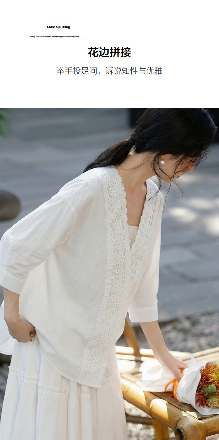 Demana Pure Cotton Breathable Poetic Summer Artistic Fresh Lace Spliced V-Neck Short Sleeve Shirt for Women 5