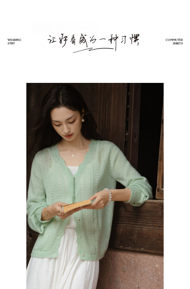 Demana Spring V-Neck Open Cardigan Hollow Crochet Slimming Knit Sweater with Wool and Mohair for Women 10
