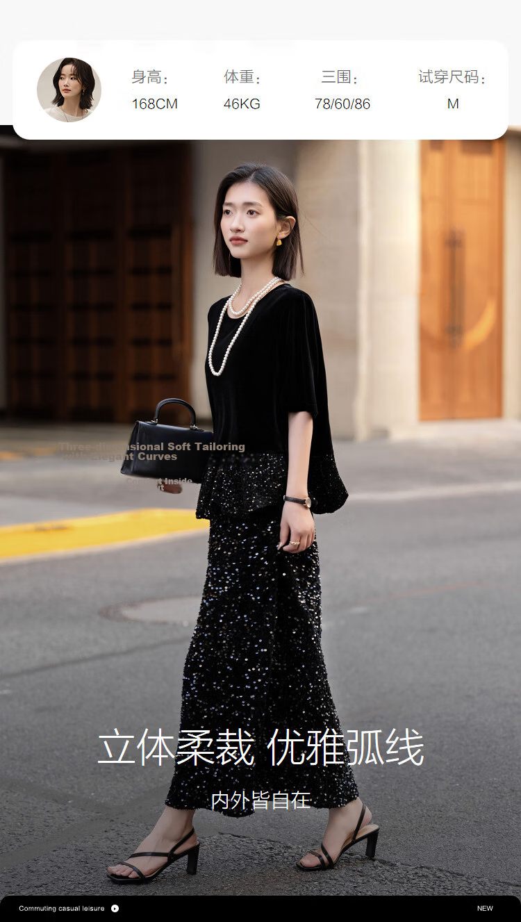 Demana Velvet Glow Black Rose Spring Vintage Modern Round Neck Loose Sequin Ruffle Petite Women's Shirt 9