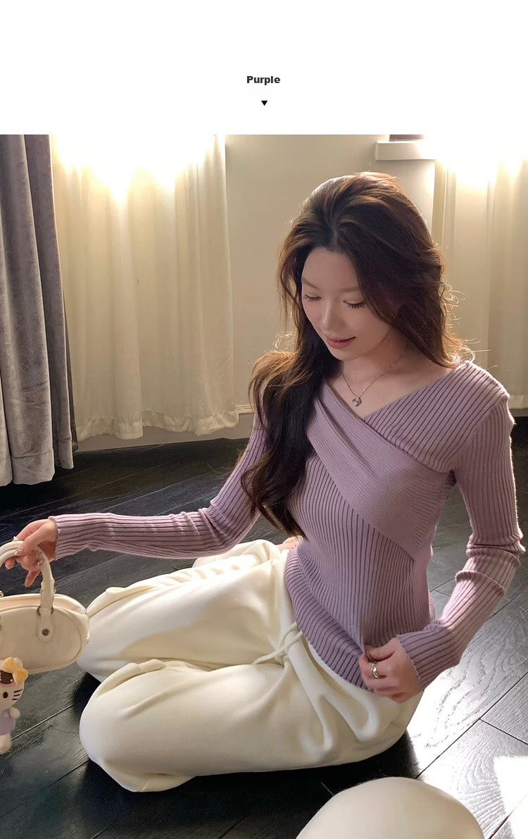MT Elegant Spring Soft Cross V-Neck Slim Knit Sweater for Women 9