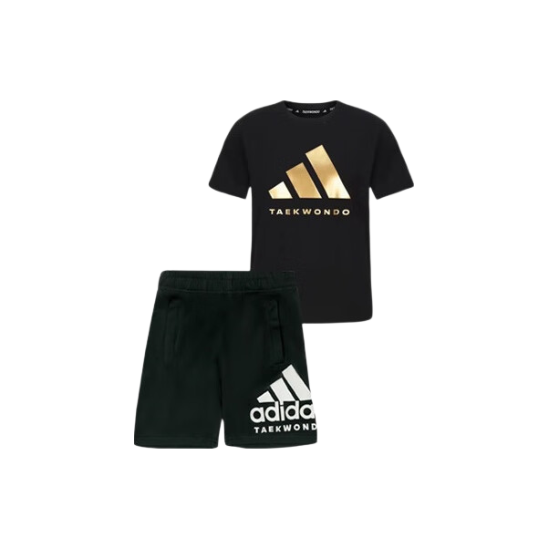 Adidas Children's Short-Sleeve T-Shirt And Shorts Set, Black/gold + Black Shorts, Size 152