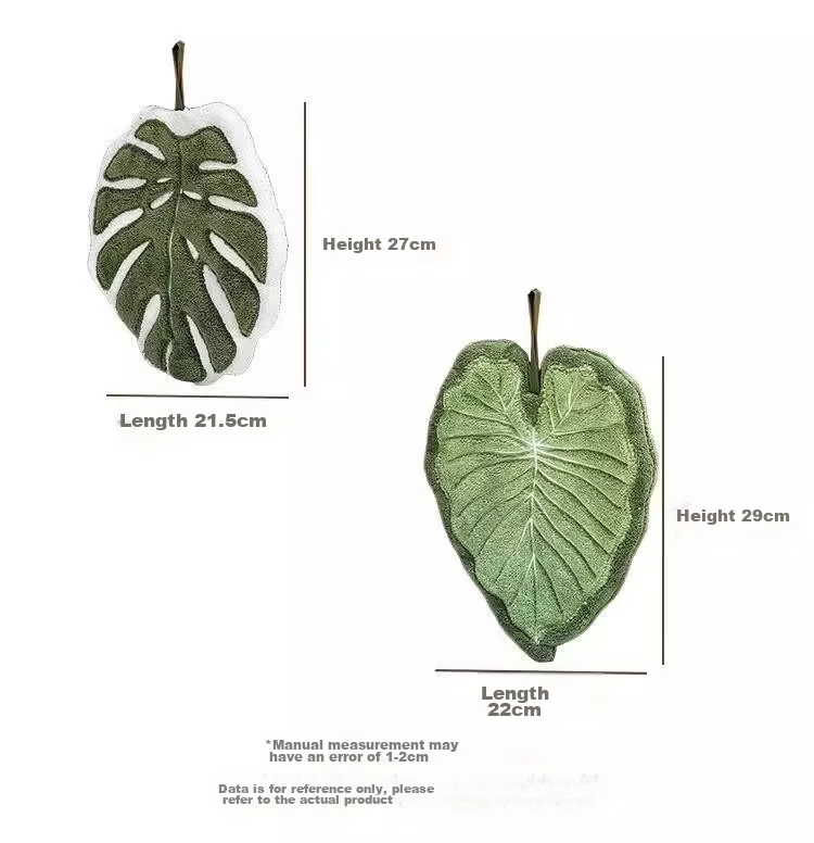 COODORA Leaf Hanging Hand Towels 2-Pack Extra Large Thick Absorbent Quick-Dry Coral Fleece Kitchen Bathroom Cloths 1