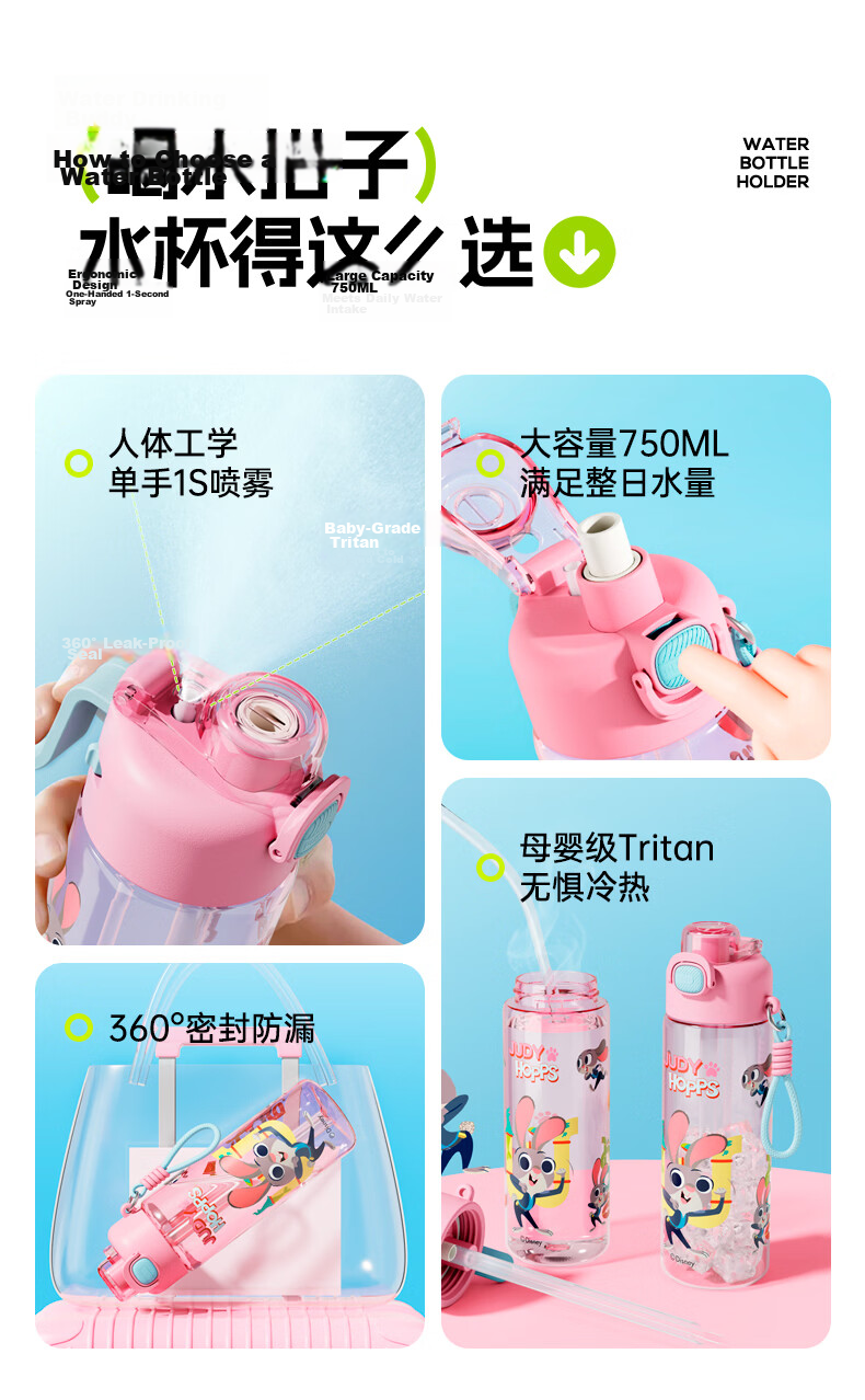 Disney Kids Spray Water Bottle Summer Large Capacity Sports Spray Bottle for Boys and Girls Students 6-12 Years School Use 750ML 2