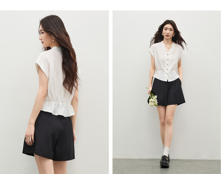Shangdu Bila Linen Blend Stand Collar Shirt for Women Spring Summer Color-Block Button Slim Fit Flutter Sleeve Waist-Defined Short Sleeve Elegant Top 16