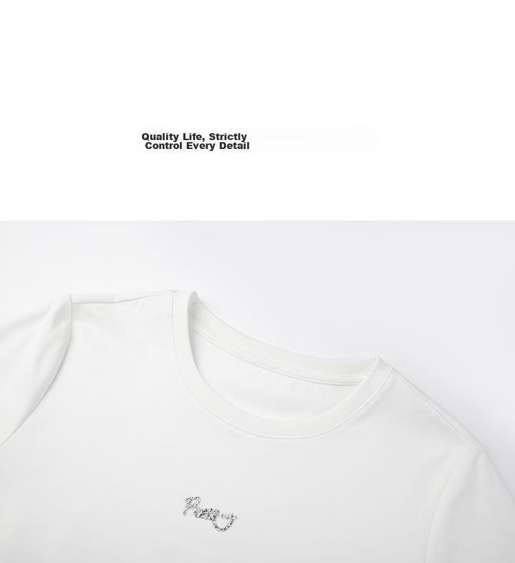 Demana [Qinshuang Solona] Summer Simple Style Rhinestone Lace Trim Letter Slim Fit T-Shirt for Women Premium Feel 15