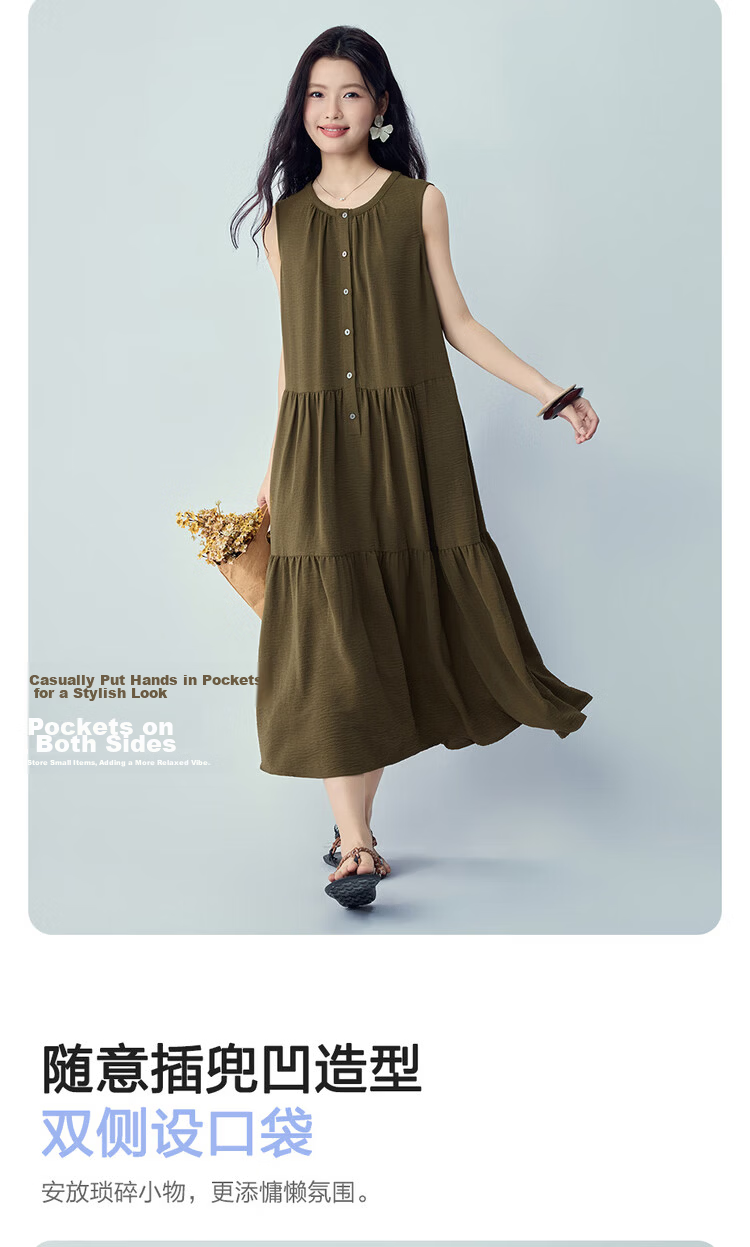 Giordano Women's Loose Sleeveless Dress Wrinkled Texture Crushed Pleated Round Neck Tank Dress 13466265 5