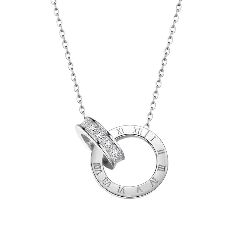 FanciFanci Time Lover Silver Necklace for Women Double Ring Pendant Clavicle Chain Luxury Birthday Gift for Girls