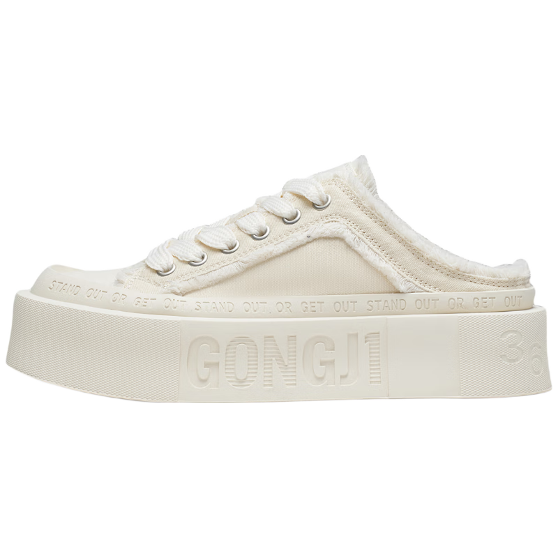Gongji Casual Half-Slip Thick-Soled Sneakers Women Daily Canvas Shoes Off-White Size 38 Mengtianyi Style