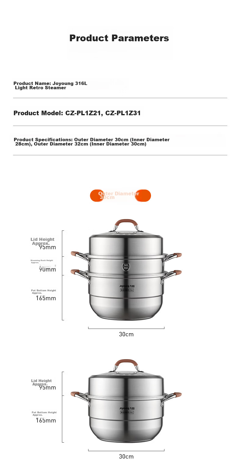 Joyoung 316L Stainless Steel Steamer Pot, Small Size for 2-3 People, Non-Coated Multifunctional Soup Steamer with High Dome Lid, Three Layers, 30cm 15