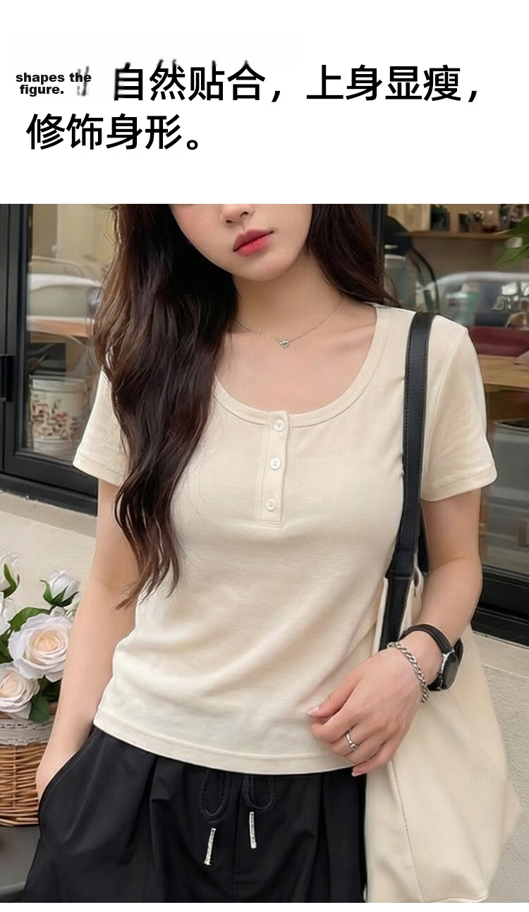 Audifine Women's U-Neck Base Layer T-Shirt Spring Summer Lenzing Tencel Button Short Sleeve Breathable Soft Black XL 11
