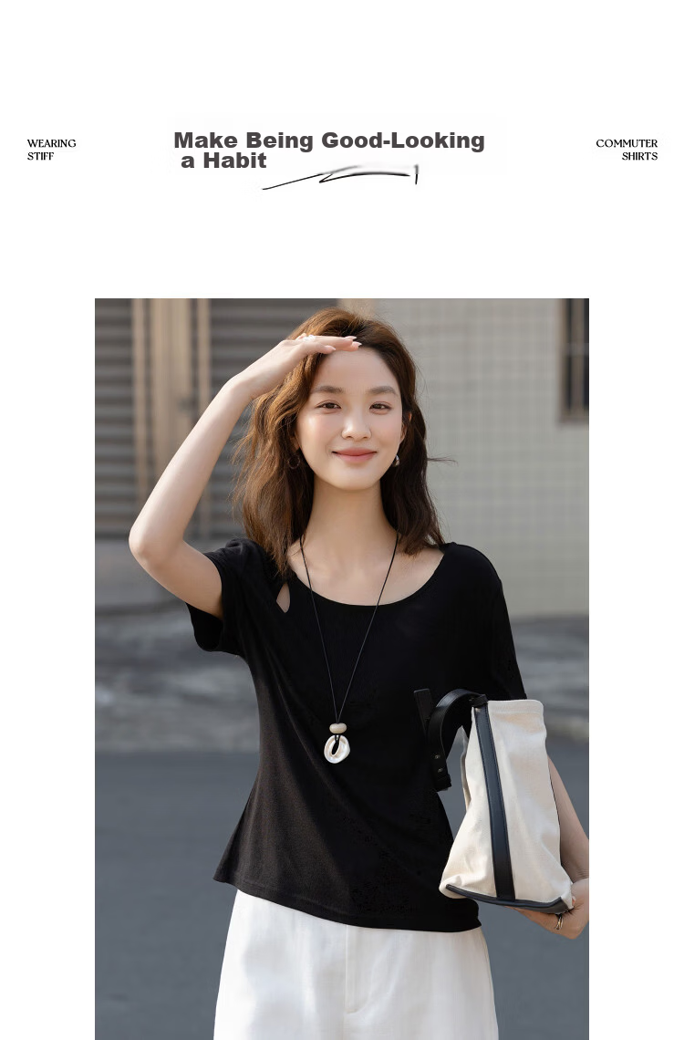 Demana [With Wool and Lyocell] Summer Simple Style Round Neck Hollow Cut Slimming Concealing T-Shirt for Women Premium Feel 13