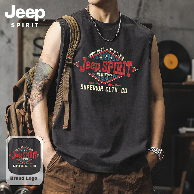 JEEP SPIRIT Men's American Vintage Sleeveless Vest Summer Lightweight Cotton Printed Tank Top Gray M