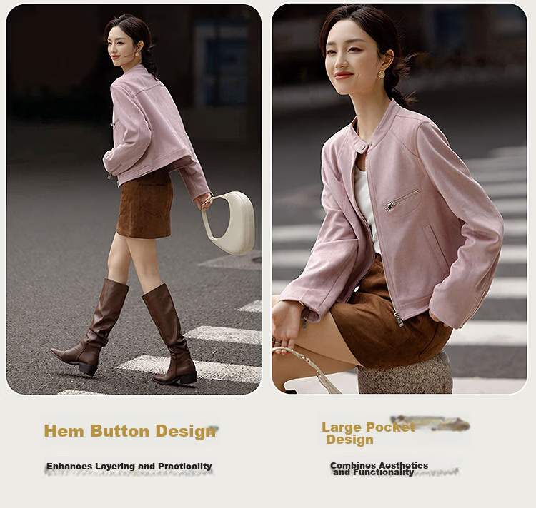 Demana Sweet Cool Korean Style Spring Stand Collar Suede Splice Zipper Decorative Jacket Short Petite Women's Coat 6