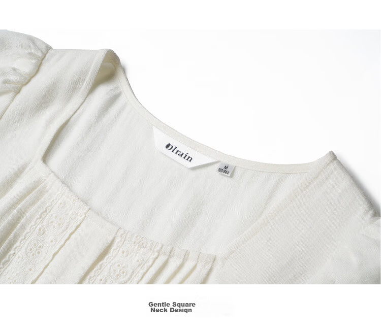 Olrain Lace Short Sleeve Square Neck Dress Summer Women's French Country Mid-Length Dress Off-White M 21